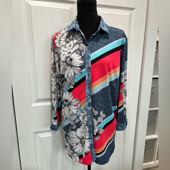 Nygard Collection Tops - Vibrant Floral and Striped Button Down Shirt